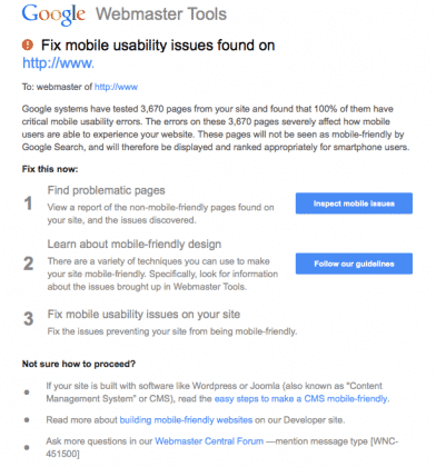 google webmaster warning mobile errors